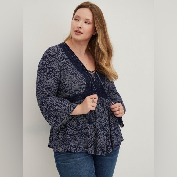 torrid Tops - Torrid Lace-Up Babydoll Top Crinkle Gauze Animal Navy women’s Plus Size 2X